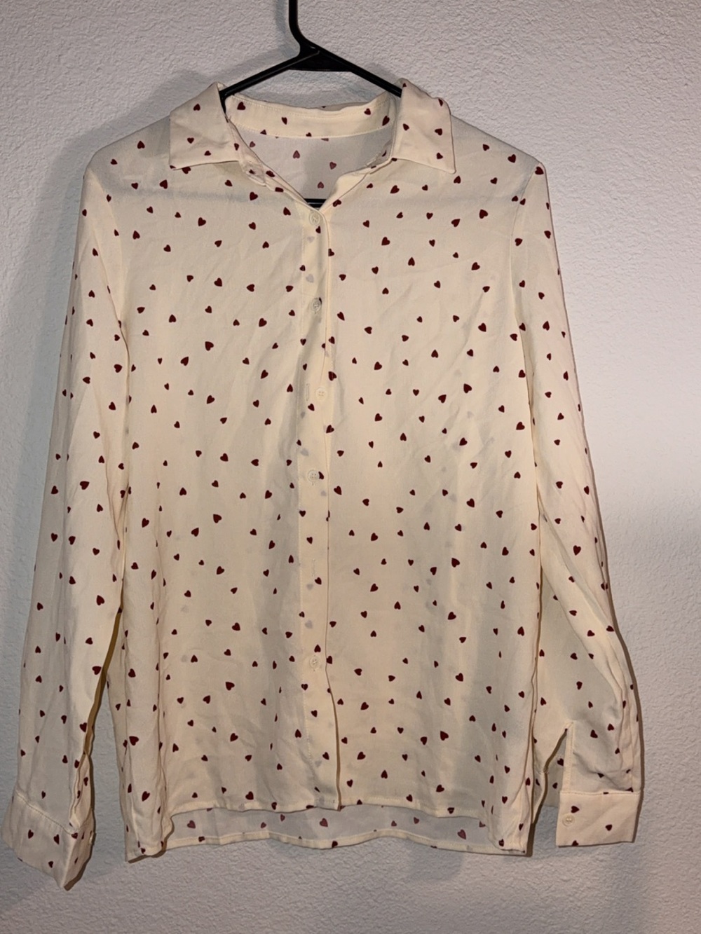 Cream Button-Up Blouse with Red Heart Print